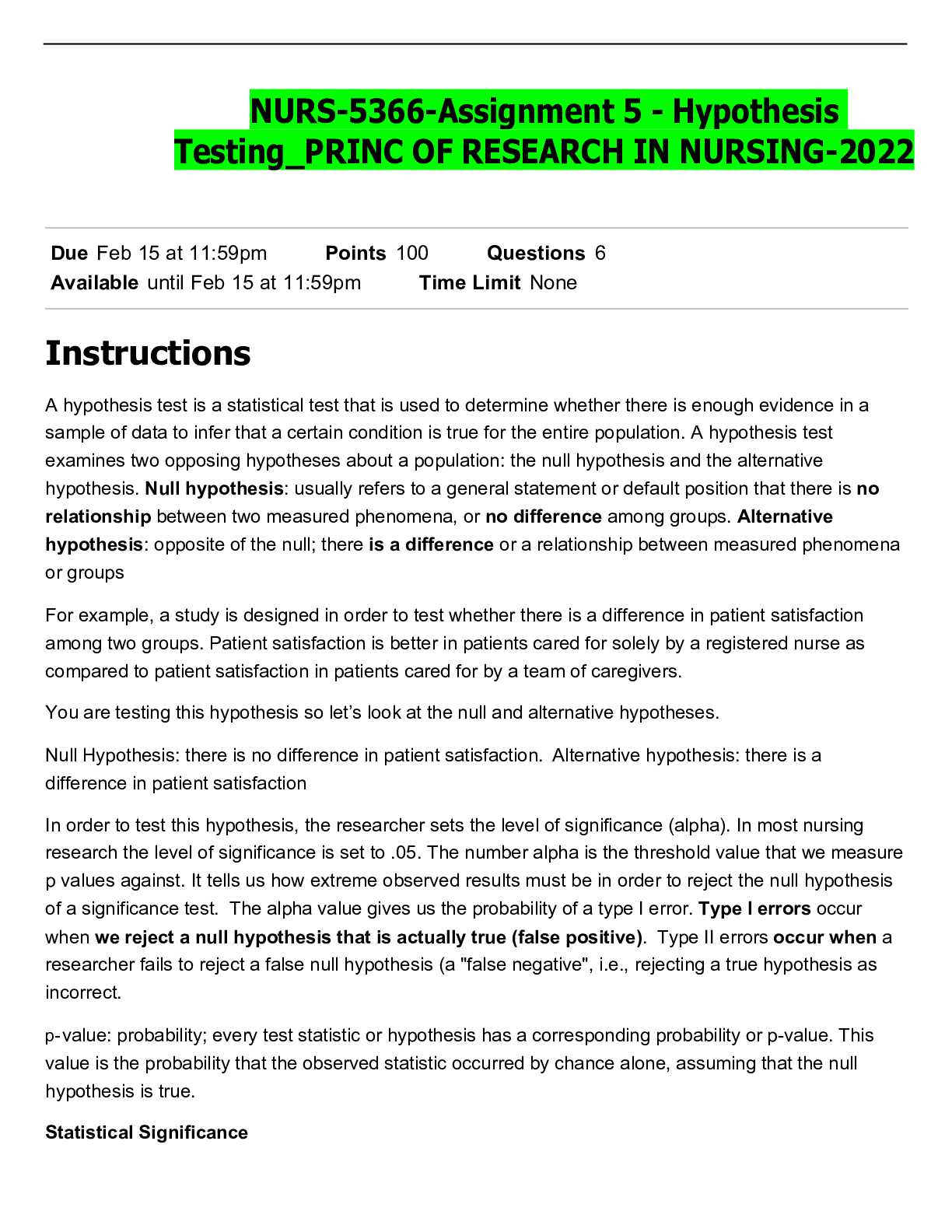 Preview of NURS-5366-Assignment 5 - Hypothesis Testing_PRINC OF RESEARCH IN NURSING-2022